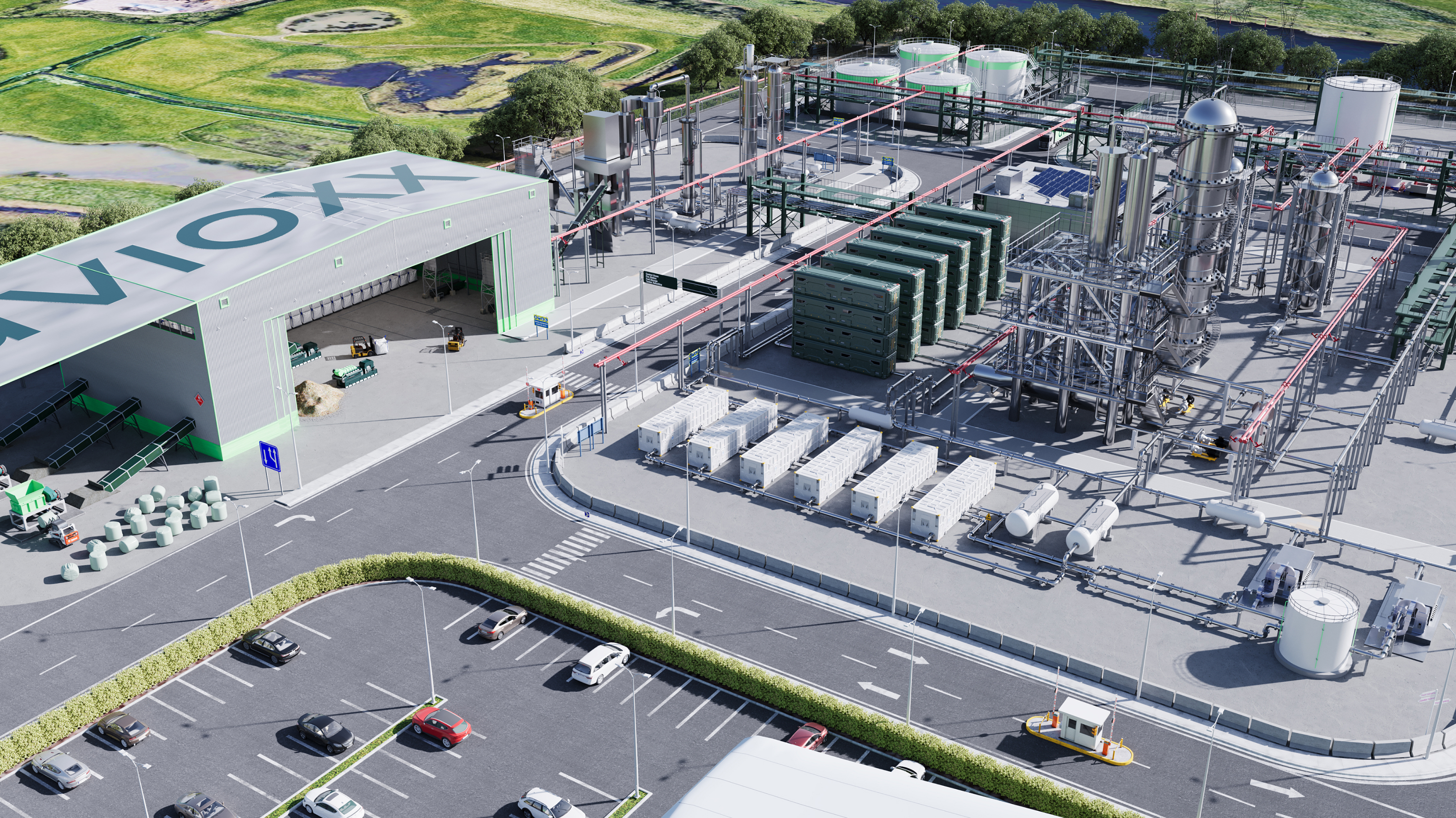 3D render of the future Avioxx sustainable aviation fuel refinery