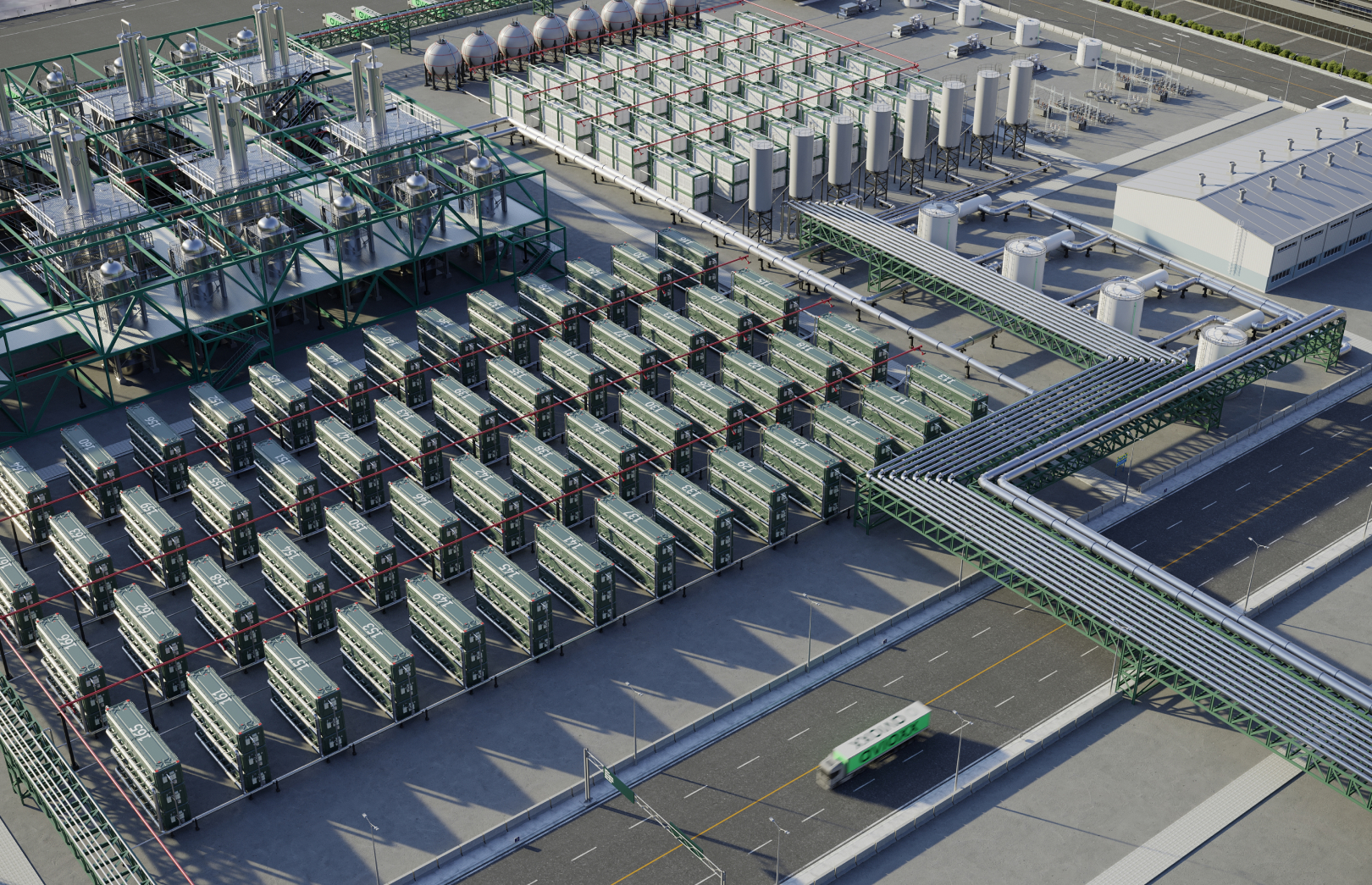 View of a solid oxide fuel cell array at the Avioxx 5,000 TPA SAF demonstration plant.