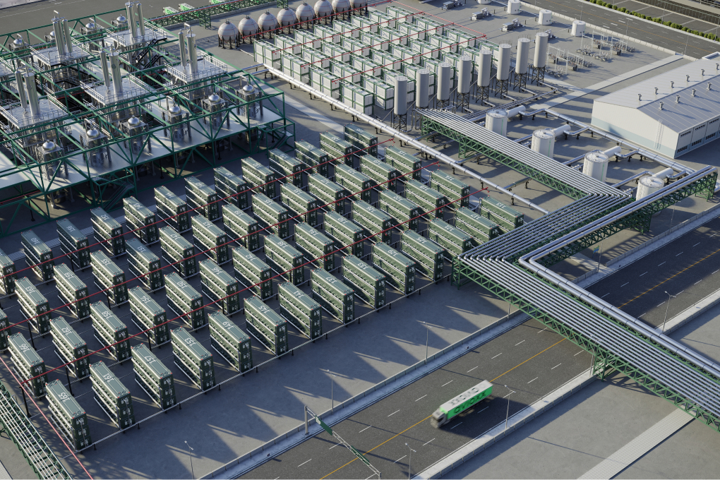 View of a solid oxide fuel cell array at the Avioxx 5,000 TPA SAF demonstration plant.