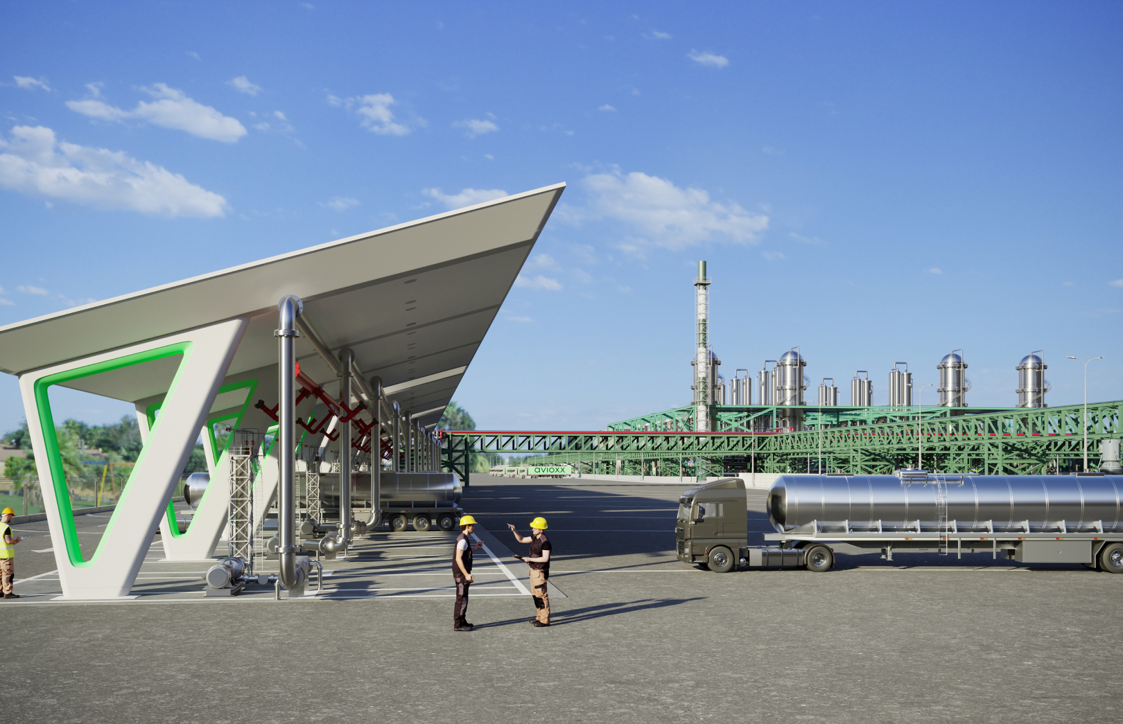Fuel distribution tanker station with integrated loading gantry and canopy.