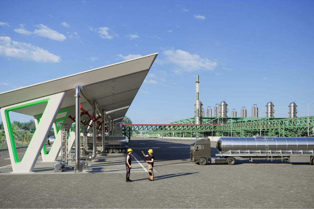 Fuel distribution tanker station with integrated loading gantry and canopy.