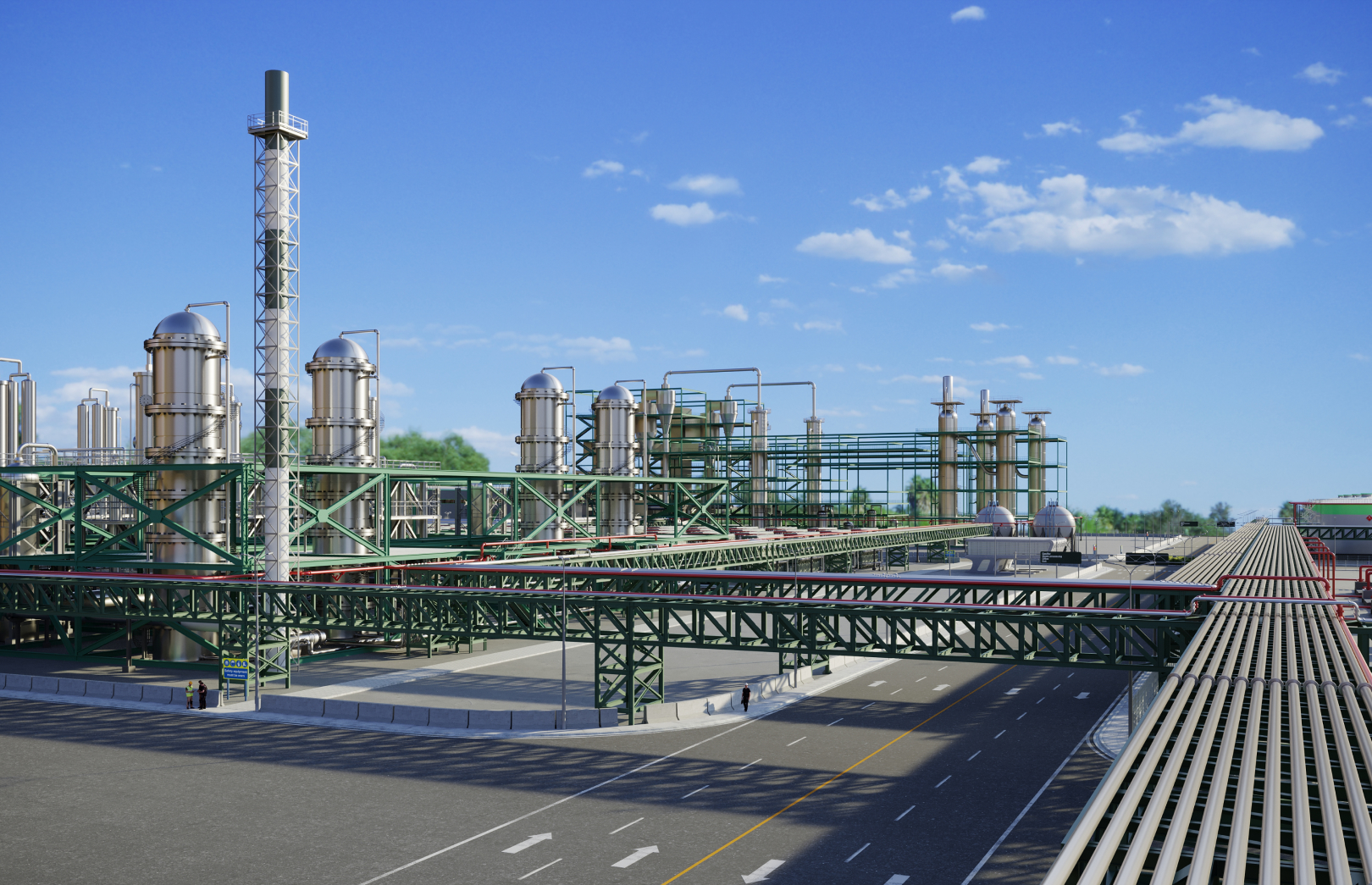 Gasification and distillation columns with interconnecting plant fuel pipework.