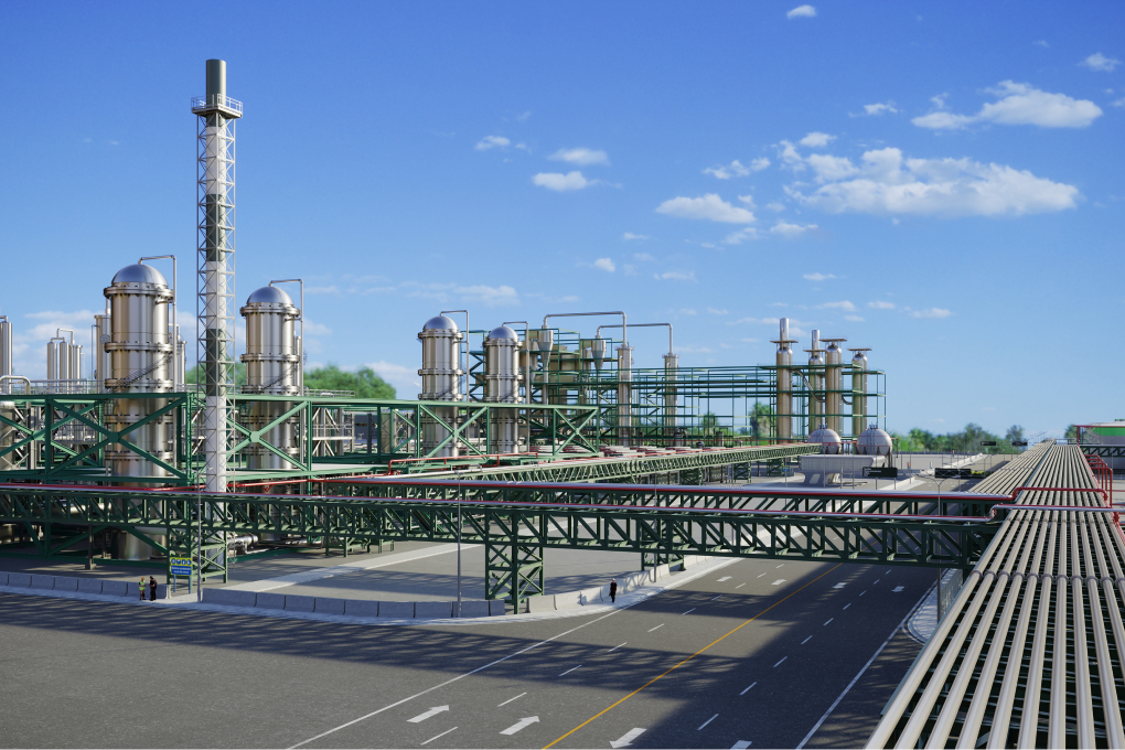 Gasification and distillation columns with interconnecting plant fuel pipework.