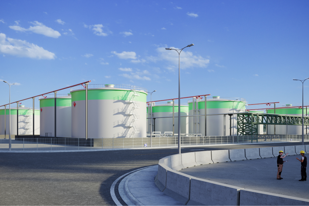 Fuel storage tanks and associated pipework for refined SAF products.